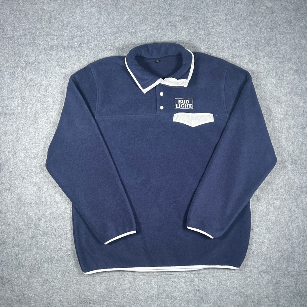 Bud Light Fleece Pullover Mens XL Navy Blue Snap Neck Vintage Style Beer Promo